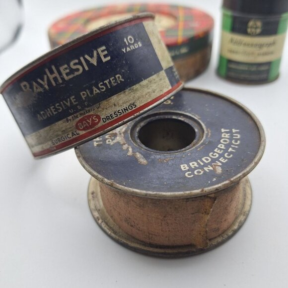 Vintage Tin Lot Scotch Tape Round Ray Hesive Bandage Duro Clear Ribbon Empty - Picture 5 of 7